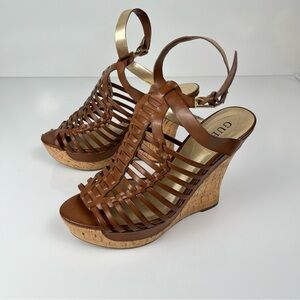 Guess Vintage Y2K Brown Wedge Heel Shoes – Size 8.5, Ankle Strap, 4" Heel